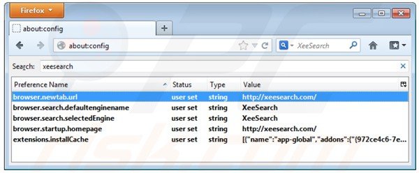 Removing xeesearch.com from Mozilla Firefox default search engine settings