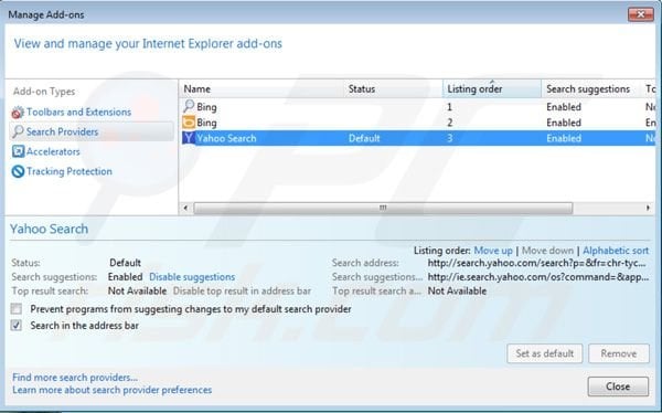 Removing Yahoo toolbar from Internet Explorer default search engine settings