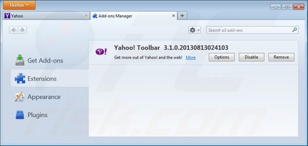 Removing Yahoo toolbar from Mozilla Firefox extensions