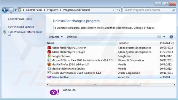 Yahoo toolbar uninstall using Control Panel