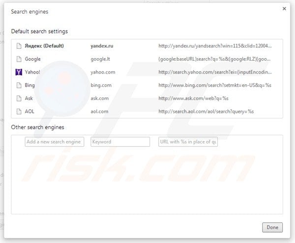 Removing yandex bar from Google Chrome default search engine settings