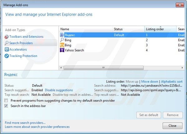 Removing yandex bar from Internet Explorer default search engine settings
