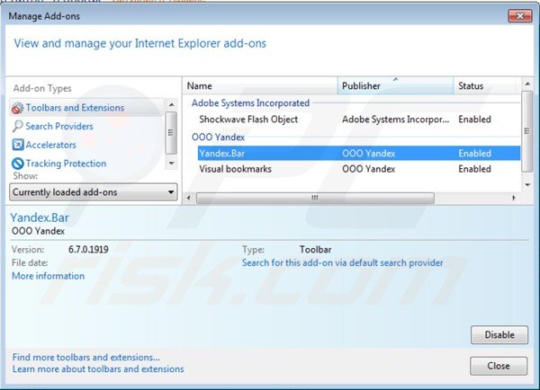 Removing yandex bar from Internet Explorer extensions