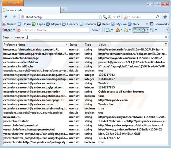 Removing yandex bar from Mozilla Firefox default search engine settings