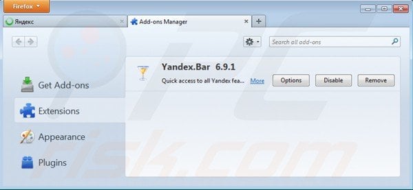Removing yandex bar from Mozilla Firefox extensions