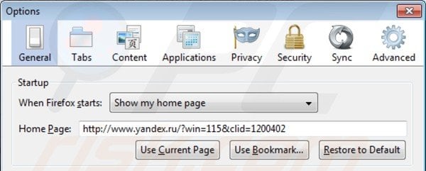 Removing yandex bar from Mozilla Firefox homepage