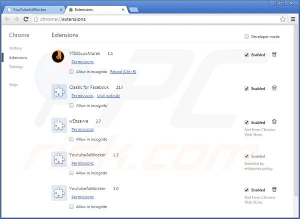 Removing Youtubeadblocker from Google Chrome step 2
