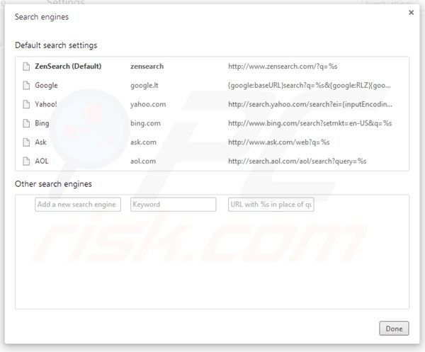 Removing zensearch.com from Google Chrome default search engine settings