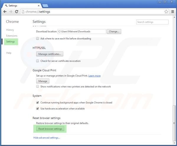 Reseting Google Chrome settings