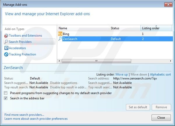 Removing zensearch.com from Internet Explorer default search engine settings