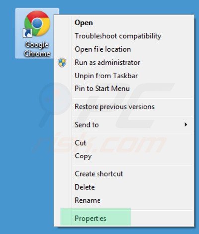 Removing znoo.net from Google Chrome shortcut target step 1