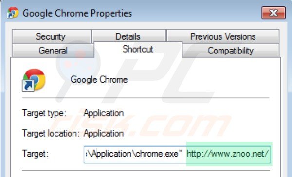Removing znoo.net from Google Chrome shortcut target step 2