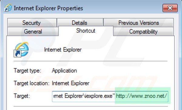 Removing znoo.net from Internet Explorer shortcut target step 2