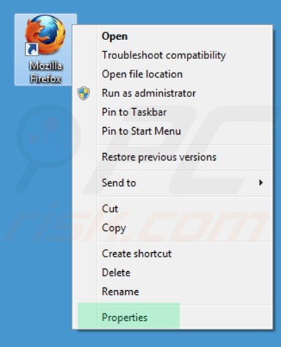 Removing znoo.net from Mozilla Firefox shortcut target step 1