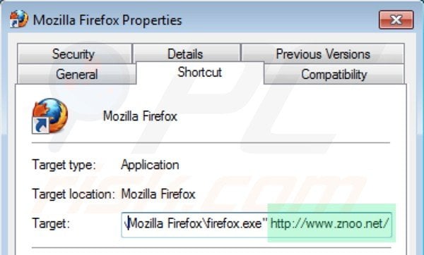 Removing znoo.net from Mozilla Firefox shortcut target step 2