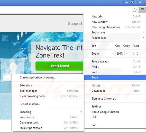 Removing ZoneTrek from Google Chrome step 1