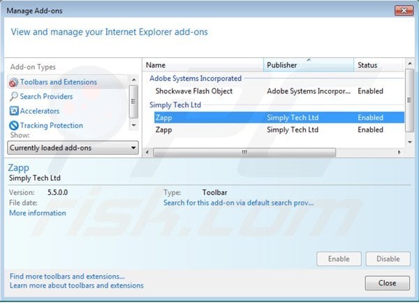 Removing ads by zapp from Internet Explorer step 2