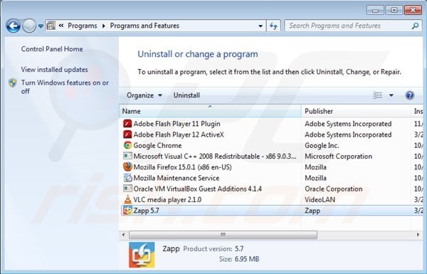 uninstalling zapp via Control Panel