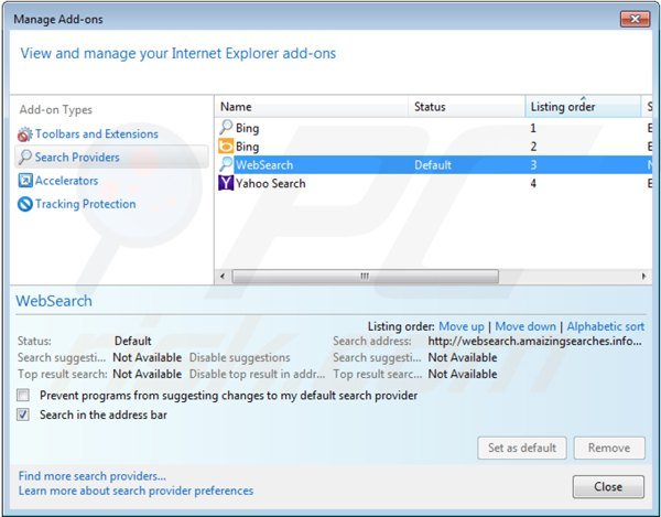 Removing websearch.amaizingsearches.info from Internet Explorer default search engine