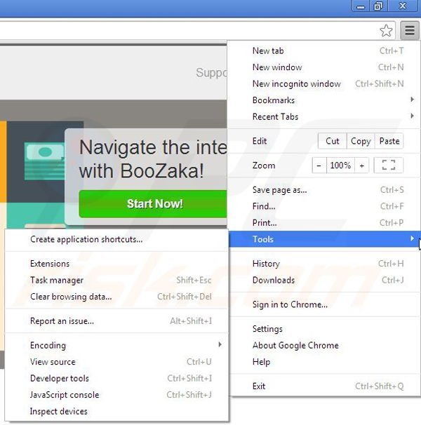Removing BooZaka from Google Chrome step 1