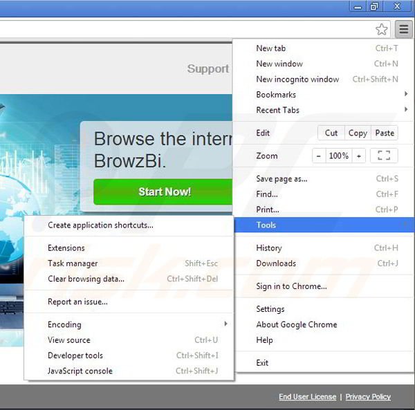 Removing BrowzBi from Google Chrome step 1