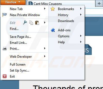 Removing Cant Miss Coupons from Mozilla Firefox step 1
