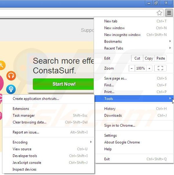 Removing ConstaSurf from Google Chrome step 1