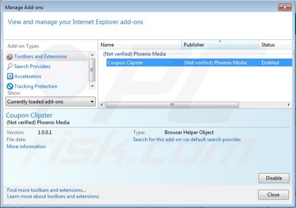 Removing Coupon Clipster from Internet Explorer step 2
