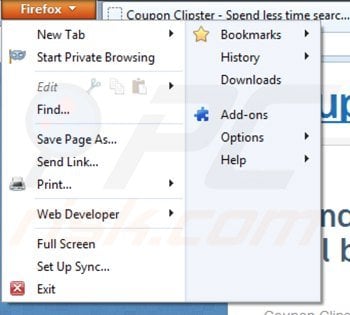 Removing coupon clipster ads from Mozilla Firefox step 1