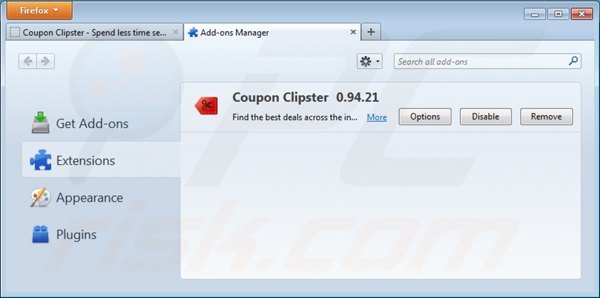Removing coupon clipster ads from Mozilla Firefox step 2