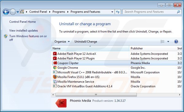 Uninstalling coupon clipster via Control Panel