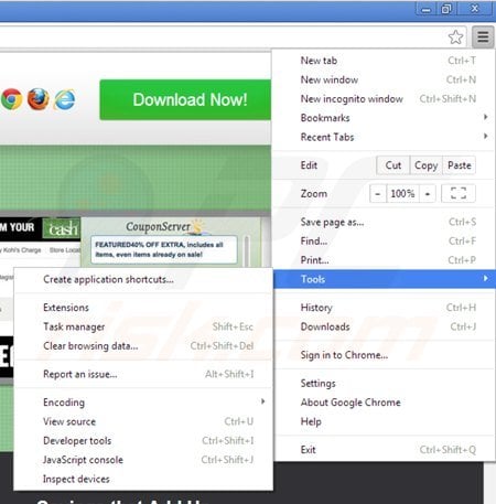 Removing coupon server from Google Chrome step 1