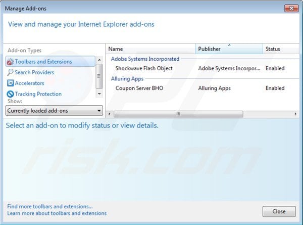 Removing coupon server from Internet Explorer step 2