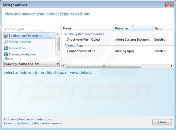 Removing coupon server from Internet Explorer step 2