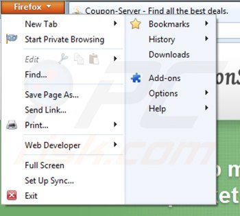 Removing coupon server from Mozilla Firefox step 1