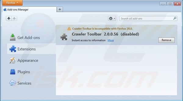 Removing crawler toolbar from Mozilla Firefox extensions