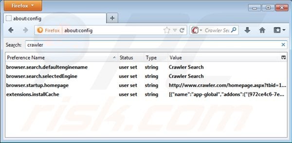 Removing crawler.com from Mozilla Firefox default search engine settings