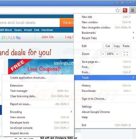 Removing dealfinder ads from Google Chrome step 1