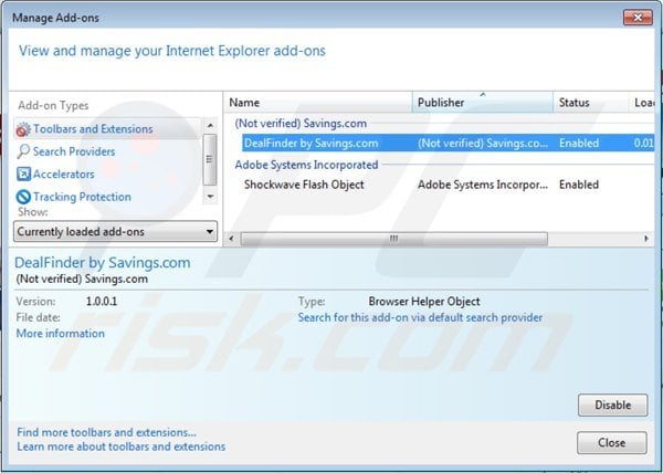 Removing dealfinder ads from Internet Explorer step 2