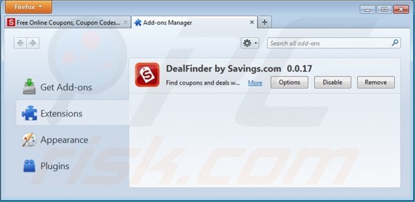 Removing dealfinder ads from Mozilla Firefox step 2