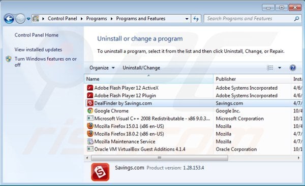 dealfinder uninstall via Control Panel