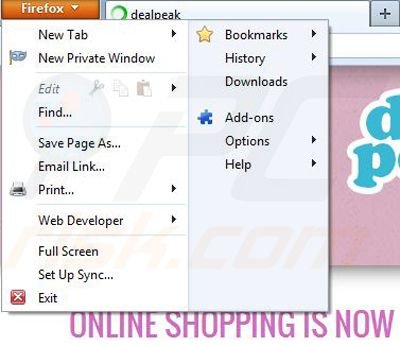 Removing dealpeak from Mozilla Firefox step 1