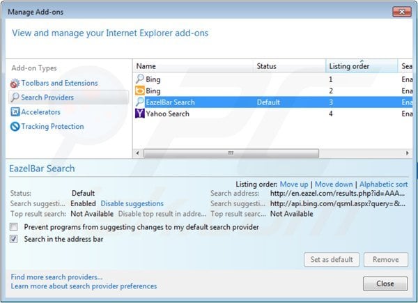 Removing eazel.com from Internet Explorer default search engine