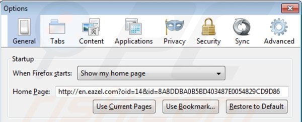 Removing eazel.com from Mozilla Firefox homepage