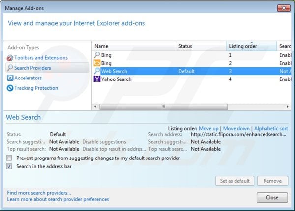 Removing static.flipora.com from Internet Explorer default search engine