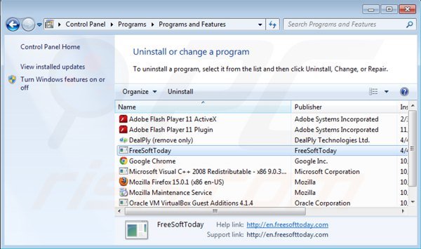 freesofttoday uninstall via Control Panel