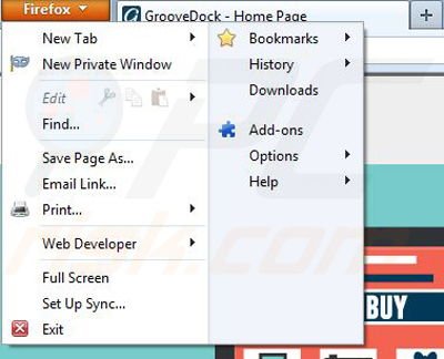 Removing GrooveDock from Mozilla Firefox step 1