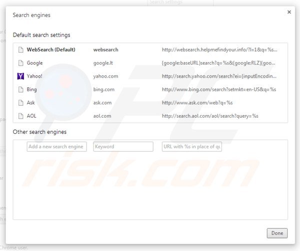 Removing websearch.helpmefindyour.info from Google Chrome default search engine