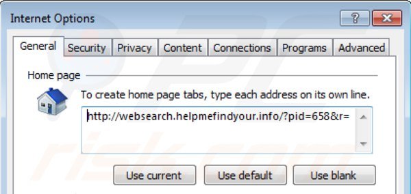 Removing websearch.helpmefindyour.info from Internet Explorer homepage