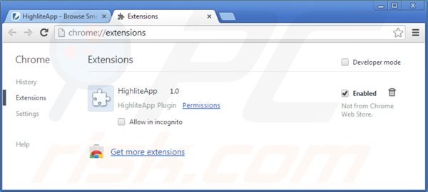 Removing highliteapp from Google Chrome step 2
